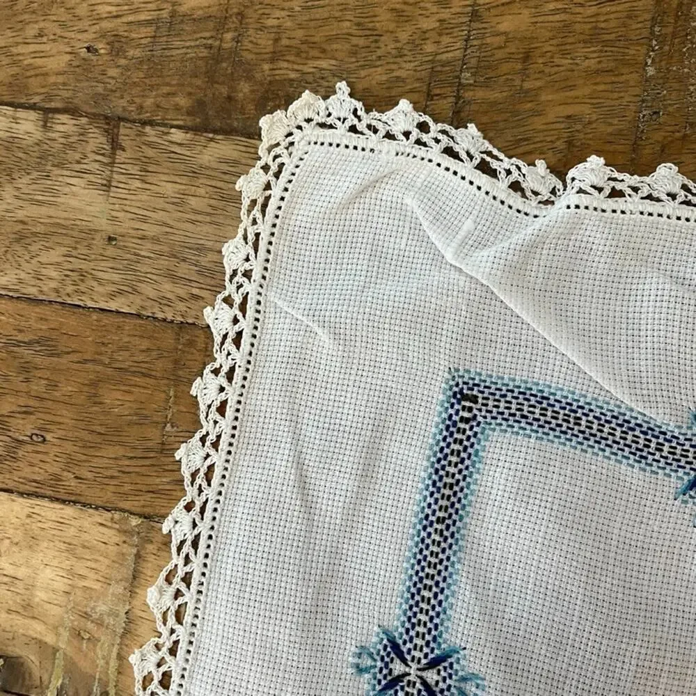 White Cotton Napkin Set (4) Handmade Blue Cross-Stitch Floral Crochet Border